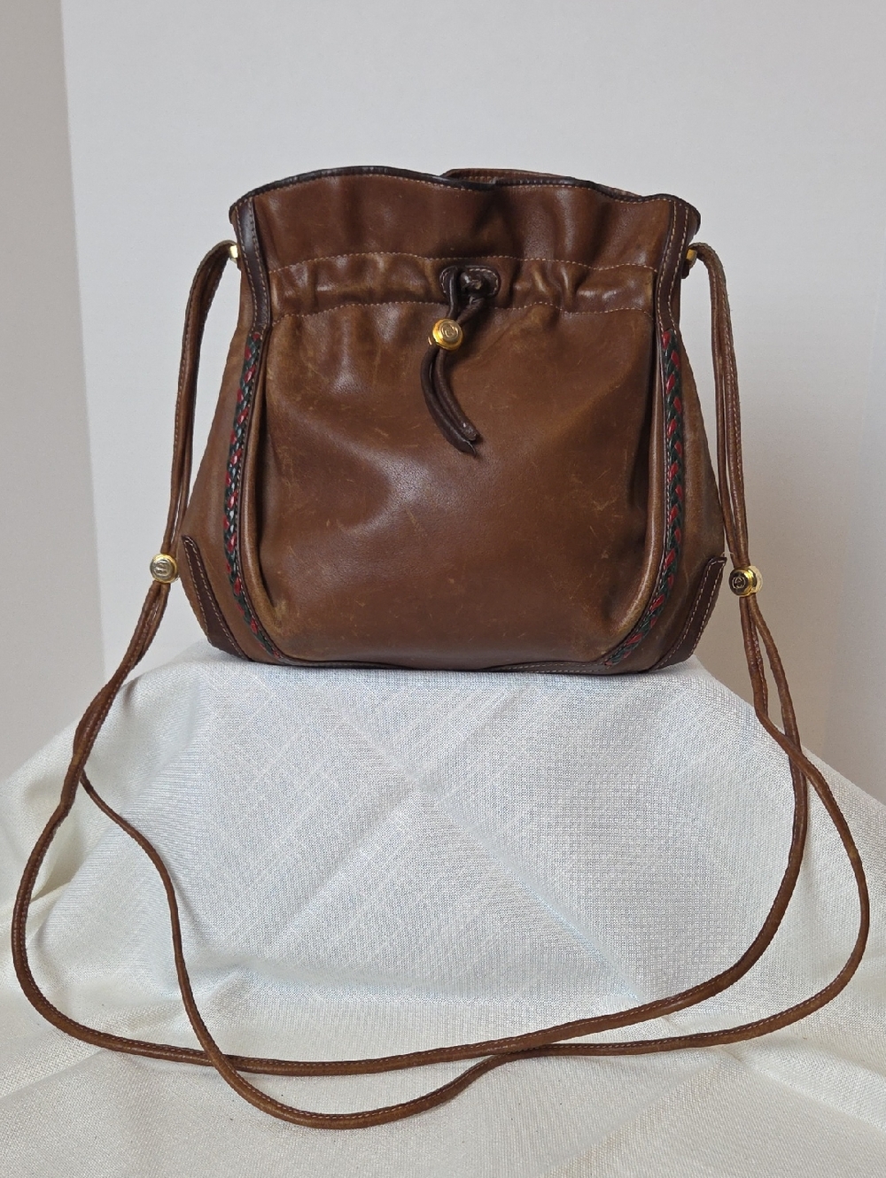 Brown Leather Drawstring Crossbody Bag